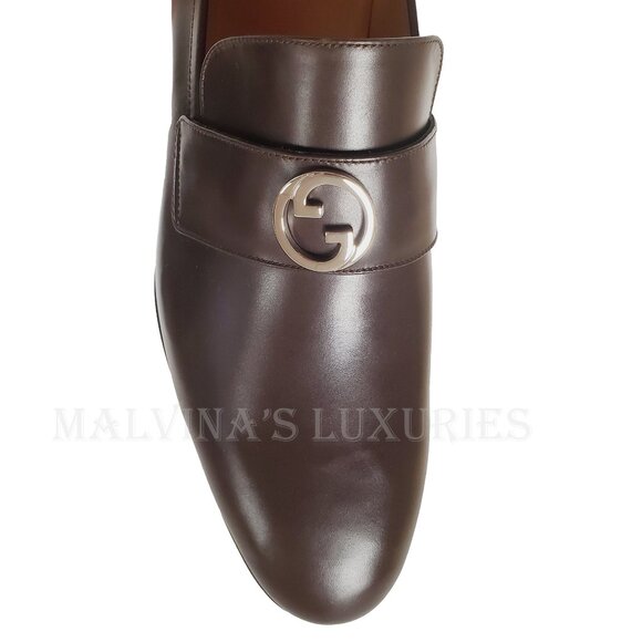 GUCCI SHOES MENS INTERLOCKING G LOGO PLAQUE BROWN LEATHER LOAFERS sz 12.5 / 13 U - Picture 11 of 15
